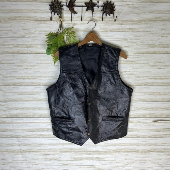 Vintage Black Leather Patchwork Biker Grunge Vest - Picture 2 of 6